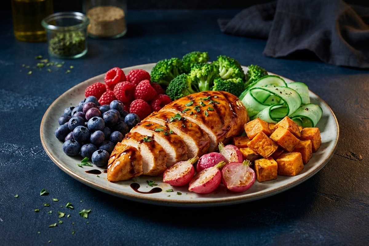 Beautiful large plate filled with colorful high-volume foods