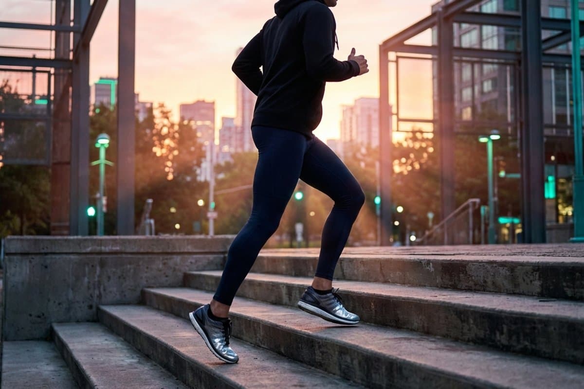 Person walking up stairs outdoors, demonstrating everyday physical activity