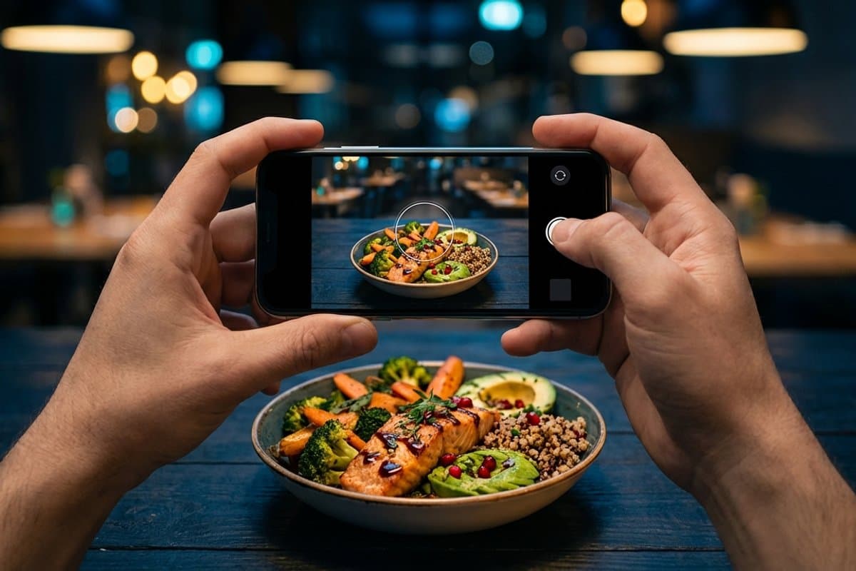 Hands holding a smartphone to photograph a healthy meal for calorie tracking